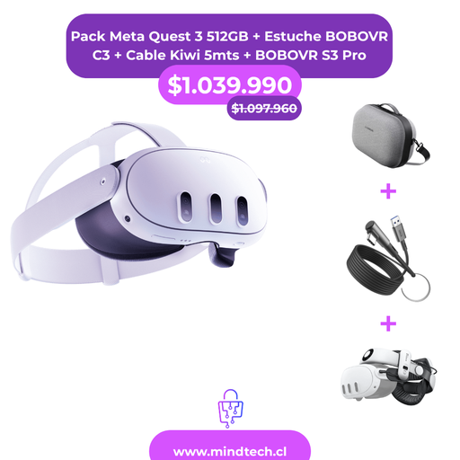 Pack Meta Quest 3 512GB + Estuche BOBOVR C3 + Cable Kiwi 5mts + BOBOVR S3 Pro